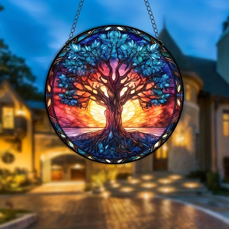 Attrape-soleil en vitrail arbre de vie, suspension de fenêtre