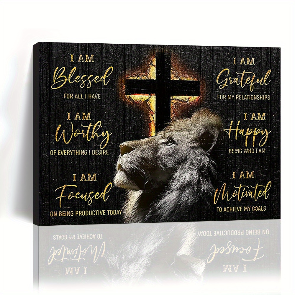 

1pc Wooden Framed, The Lion Cross I Am Blessed For All I Have Canvas Painting, Wall Art Prints With Frame, For Living Room & Bedroom, Home Decoration, Festival Gift For Her Him, Ready To Hang