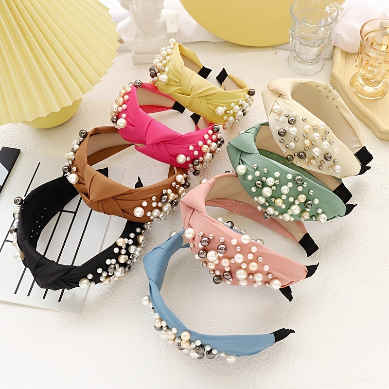 Solid Fabric Knotted Headband with Faux Pearl Hair Bow