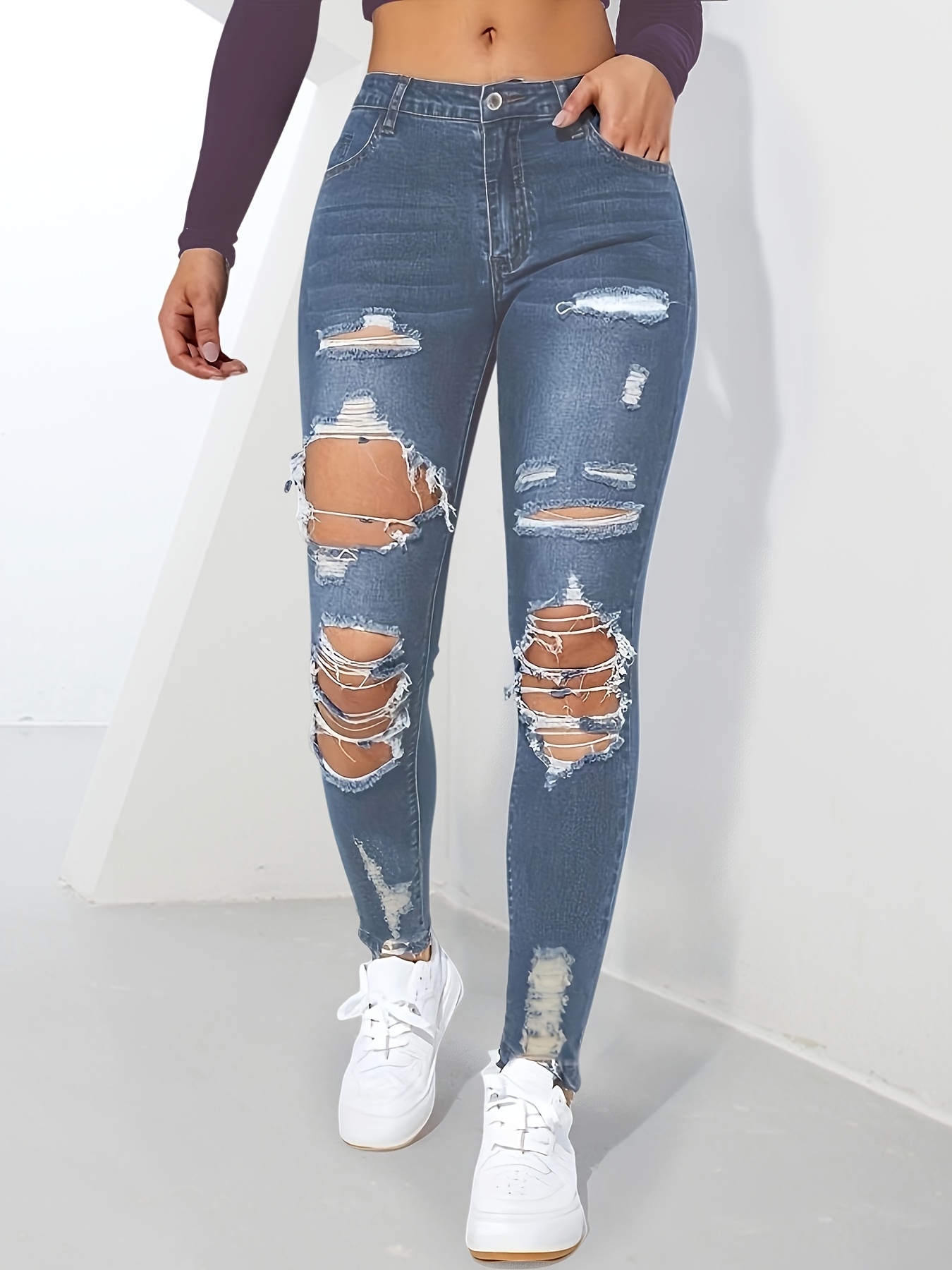 Distressed Denim Ripped Jeggings in Navy - Women's