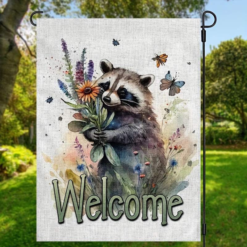 

1pc, Cute Raccoon Welcome Garden Flag, Floral Jungle Animal Raccoon Garden Flag, Home Decor, Outdoor Decor, Yard Decor, Holiday Decor, Party Decor, Double Sided Waterproof 12x18 Inch