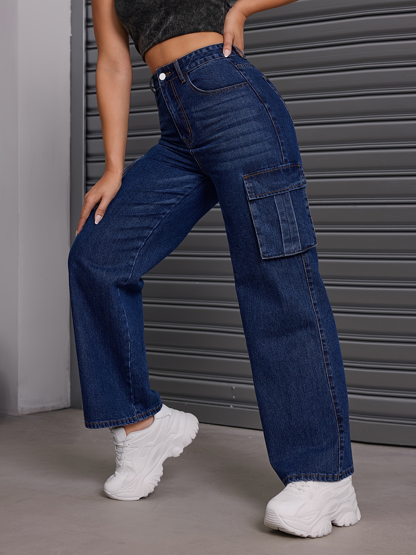 Flap Pockets Casual Straight Jeans Loose Fit Y2k Kpop Style - Temu