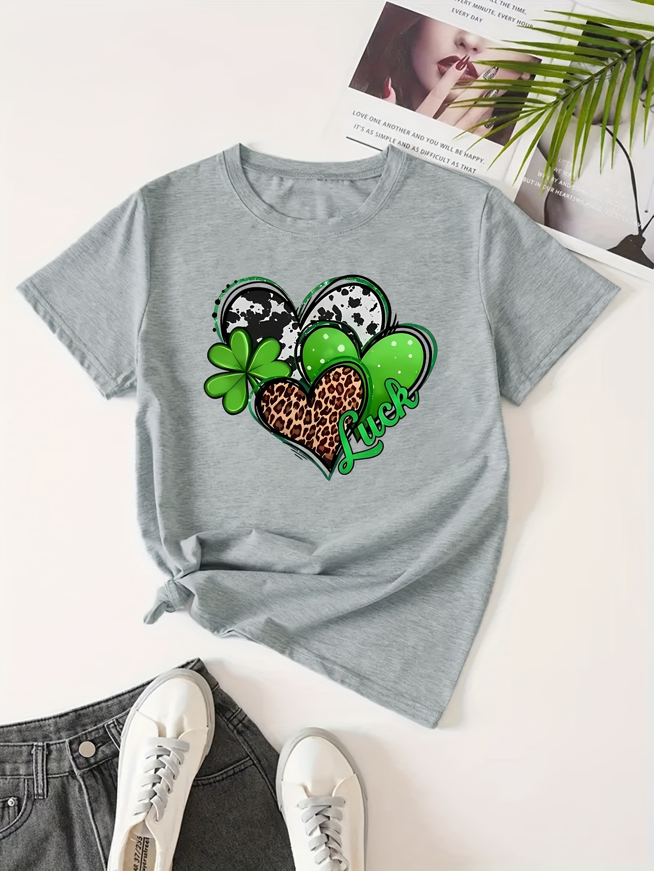 St. Patrick's Day Clover Love Print T shirt Casual Crew Neck - Temu Canada