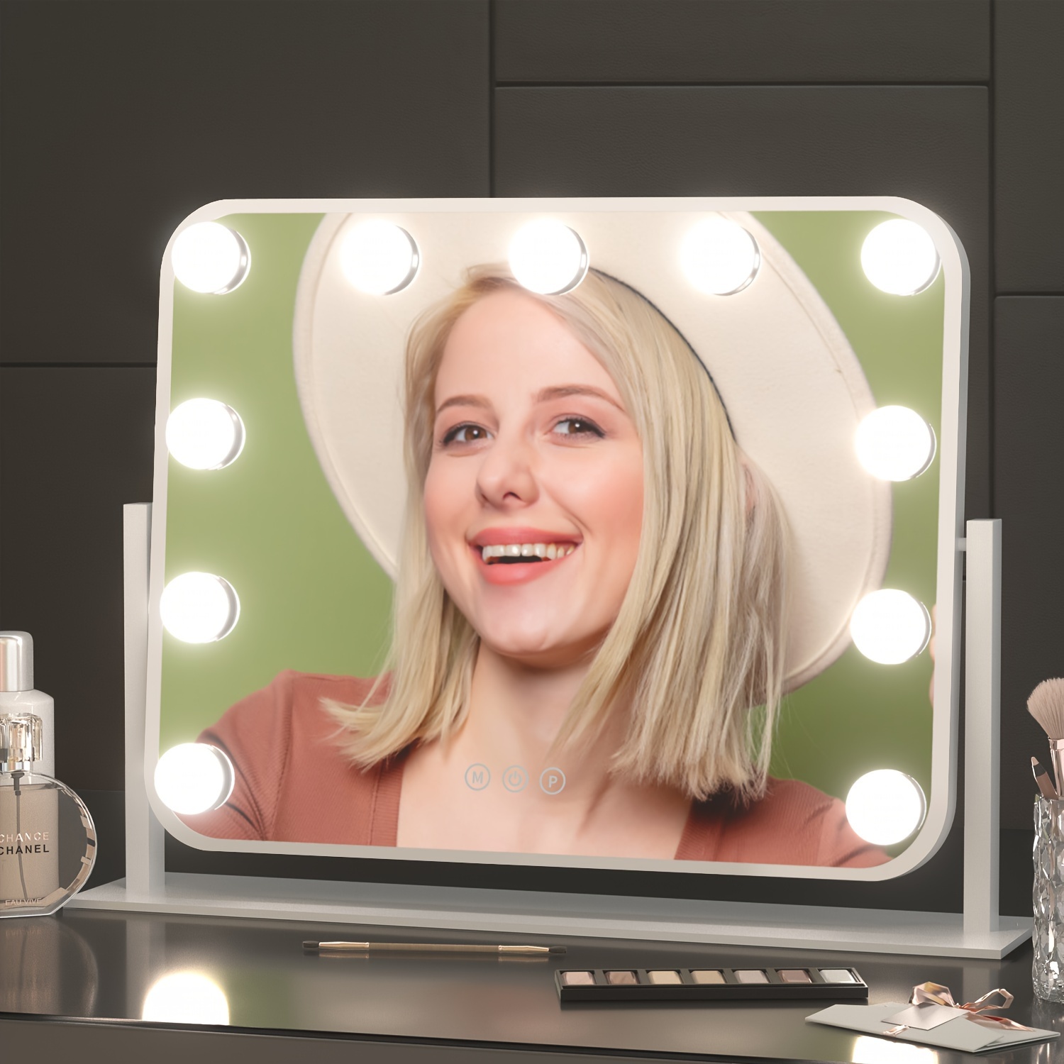 Espelho de maquilhagem com luz LED, brilho ajustável, 360 rotação tripla,  espelho de maquilhagem com luz, controlo tátil, para maquilhagem,  barbeagem, branco