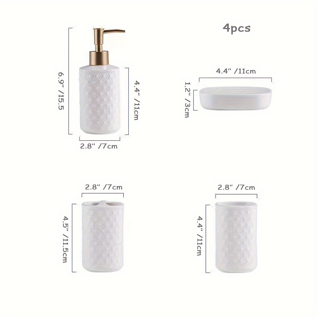 White 4-Piece Bathroom Accessory Set, Embossed Powder Blue Leaf and Branch  Pattern Includes Pump Dispenser, Tumbler, Toothbrush Holder, Soap Dish