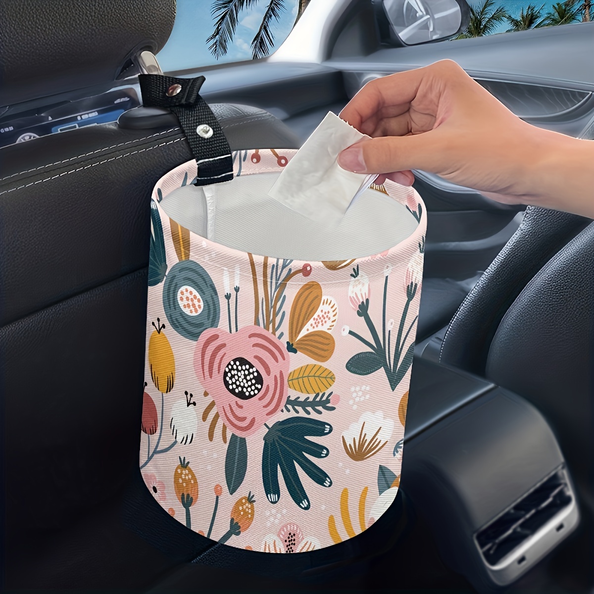 

1pc Flowers Floral Printed Car Trash Can, Dustbin, Trash Bin For Kitchen, Camping, Car Interior Accessories For Women, Car Garbage Organizer
