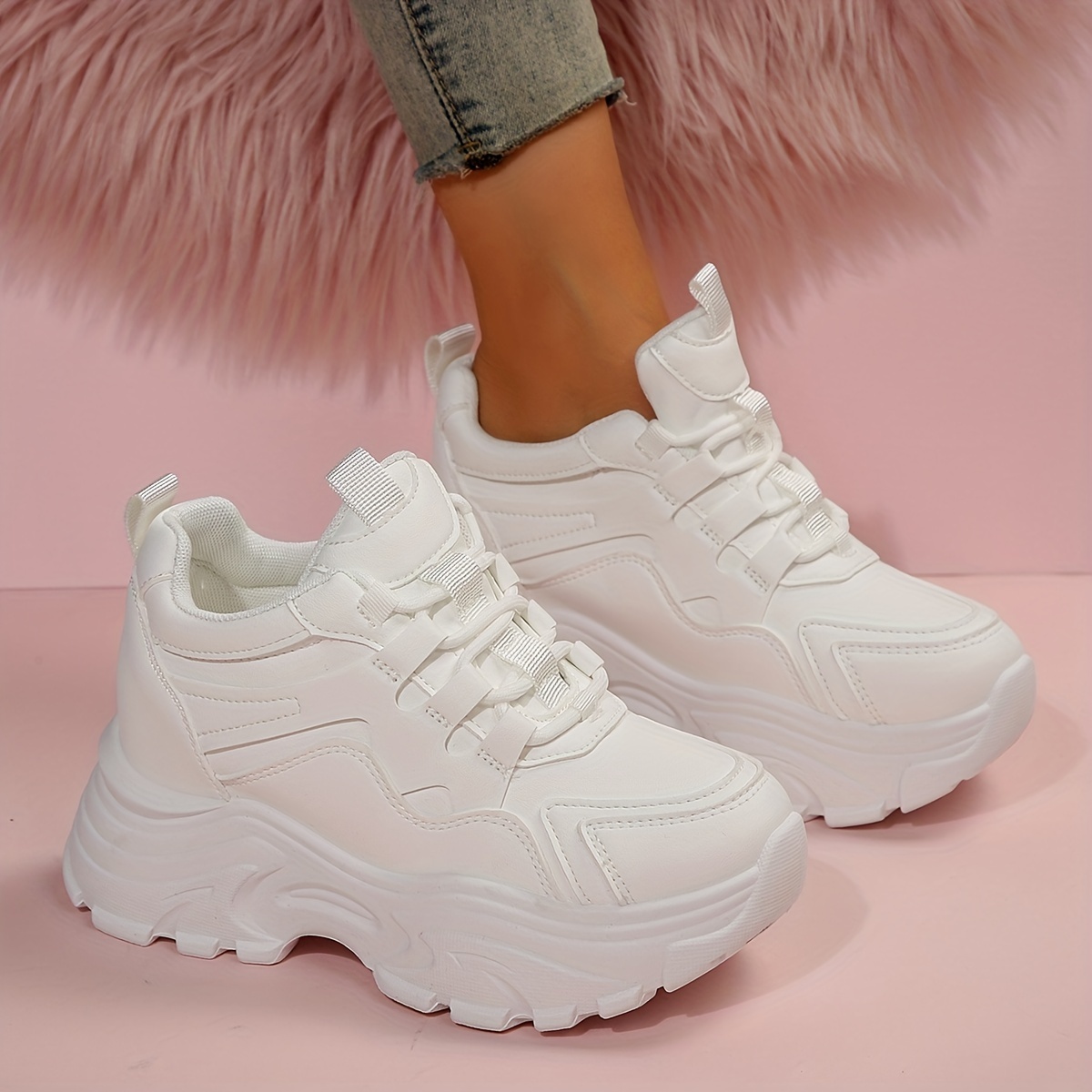 Sporty White Chunky Shoes Women Patch Decor Lace Up Front Sneakers