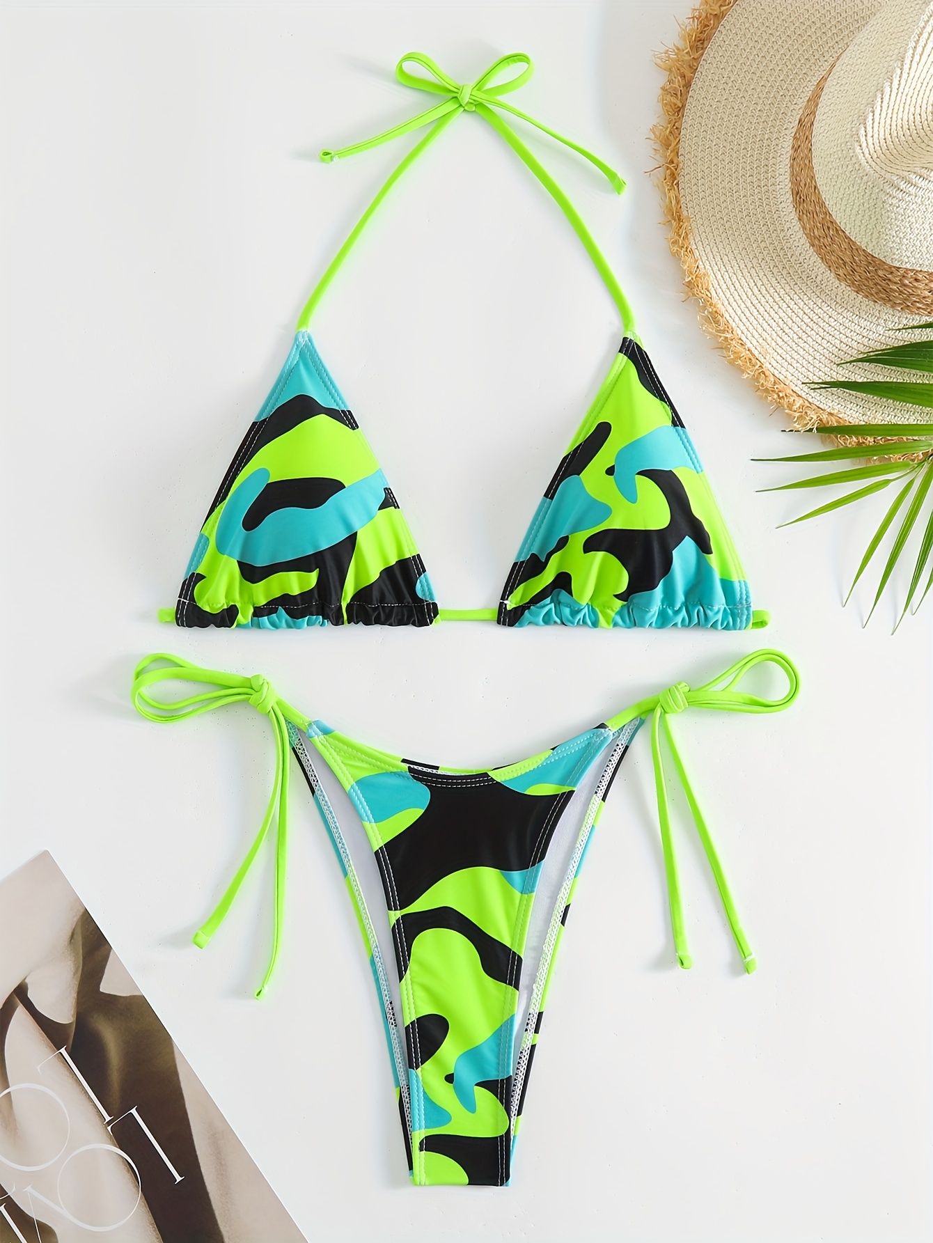  Thong Swimwear Bikini 2 Piece Set, Camo Camouflage, Triangle  Tie Top Bathing Swim Suit Thong Bottom