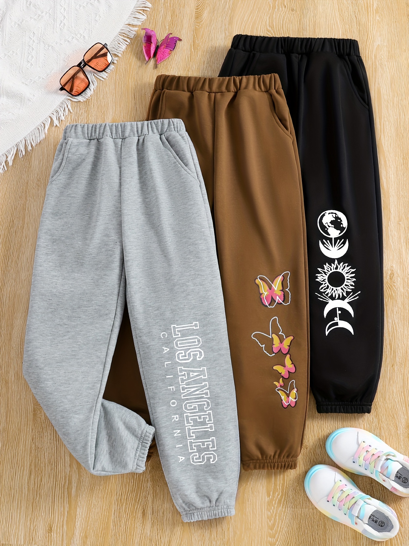 3pcs Girls Solid Casual Sweatpants, Flannel Elastic Waist Fall/ Winter  Everyday Pants, Suitable For 5-12 Years Old