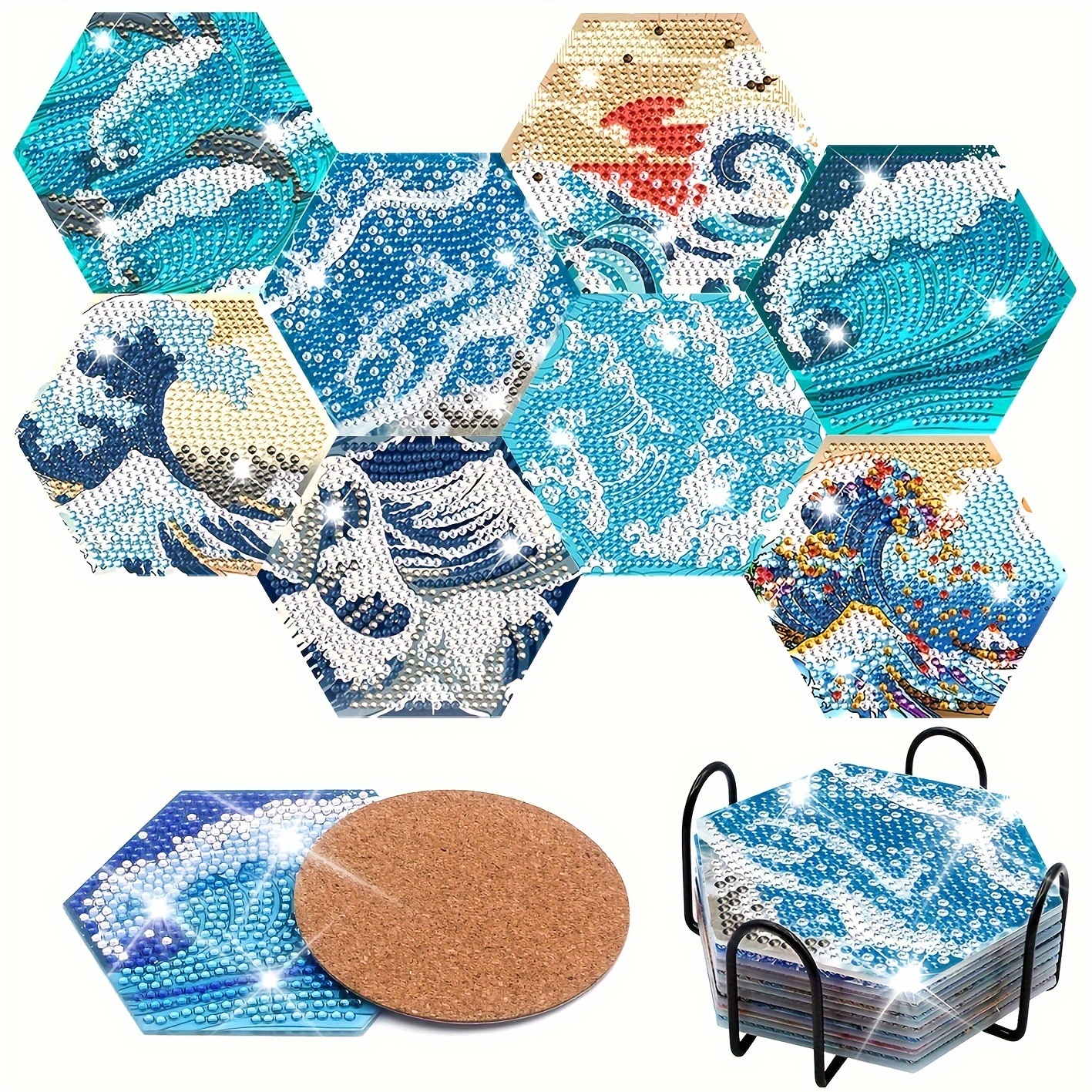 Artificial Diamond Painting Coaster With Holder Diy Sea Wave - Temu