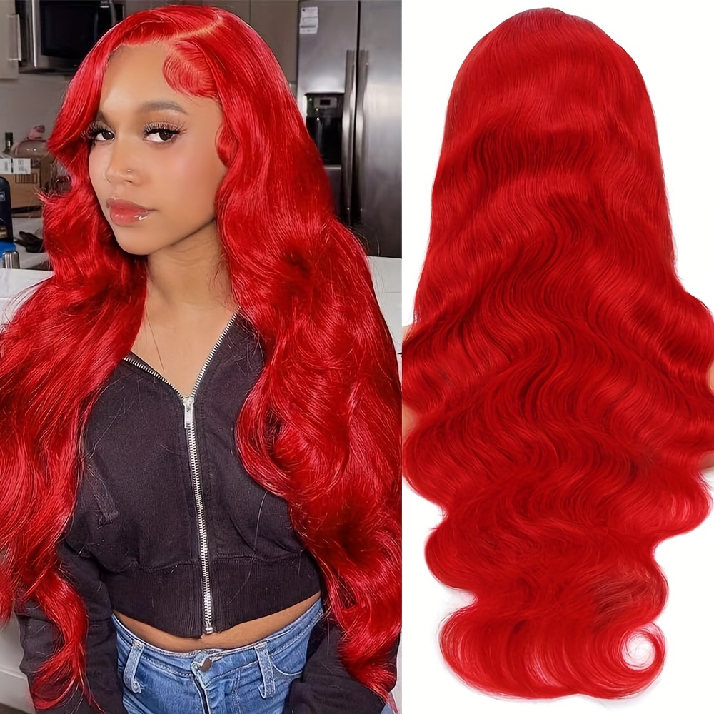 13x4 Red Human Hair Wigs Glueless Body Wave Lace Front Wigs Pre Cut Human Hair Colored Lace Frontal Wigs For Women Body Wave Wigs Baby Hair Around Bleached Knots 150 Density