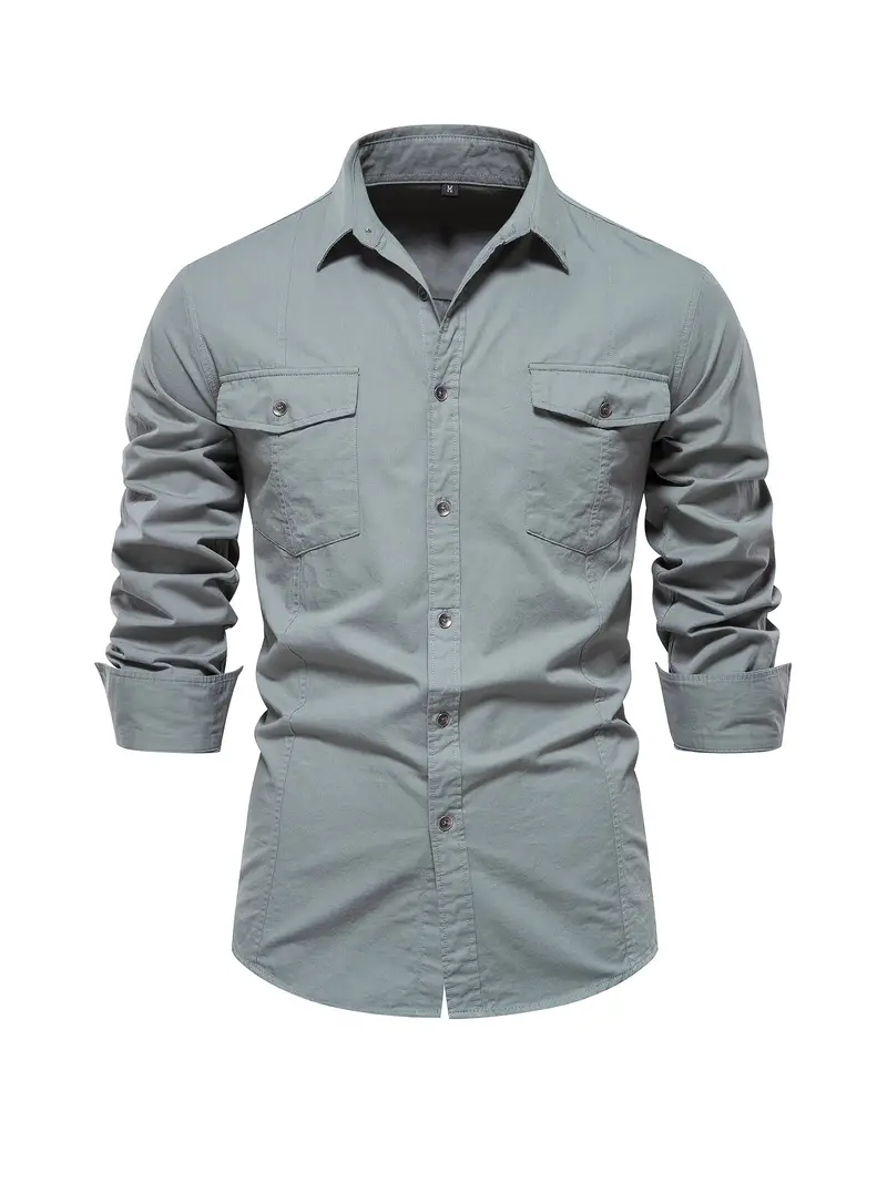 Casual Cargo Style Solid Men's Long Sleeve Shirt Pocket - Temu