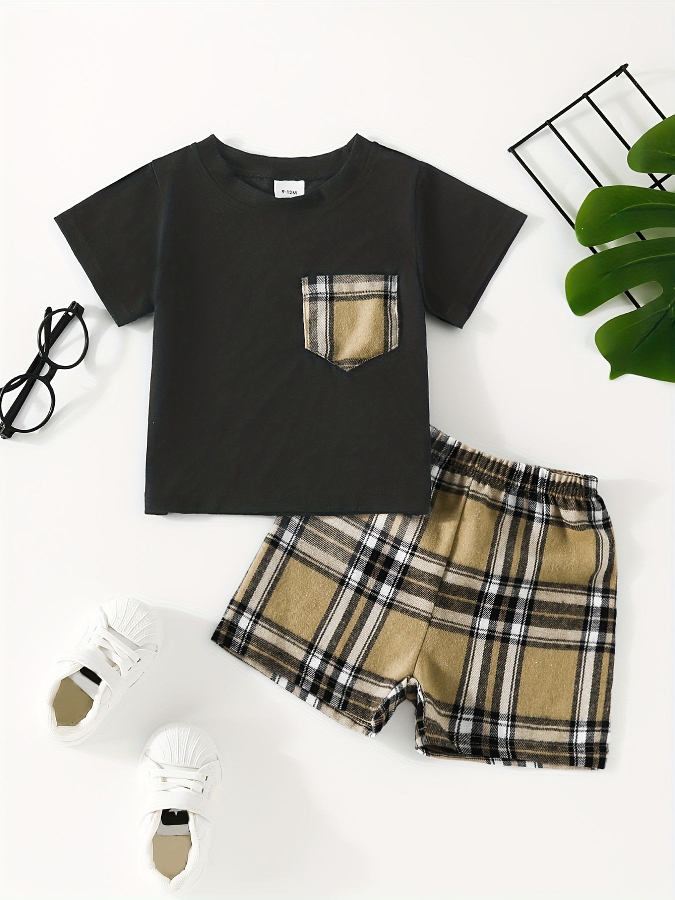 Baby Boys Plaid Stylish Matching Set Tees Top & Shorts Outfit - Temu