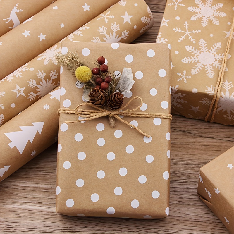 Christmas Wrapping Paper Roll, Brown Kraft Gift Wrapping Paper Jumbo Roll,  Snowflake Christmas Wrapping Paper with Paper Rope, Christmas Wrapping