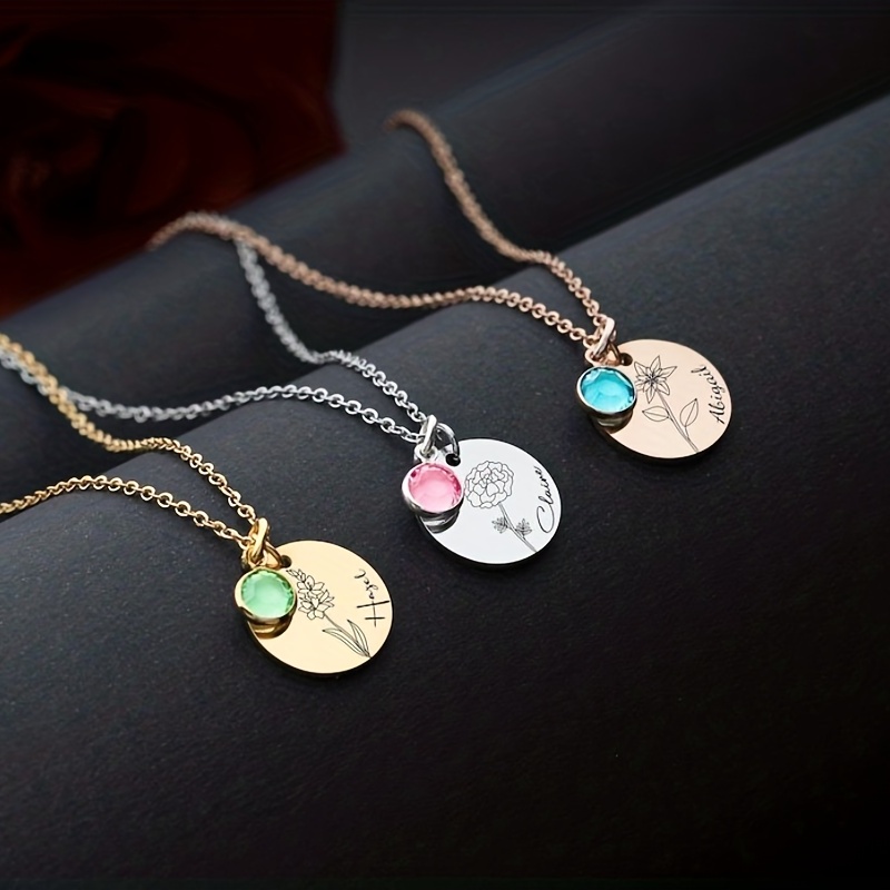 Engraved Family & Children's Names Disc Necklace & Birthstone Ireland