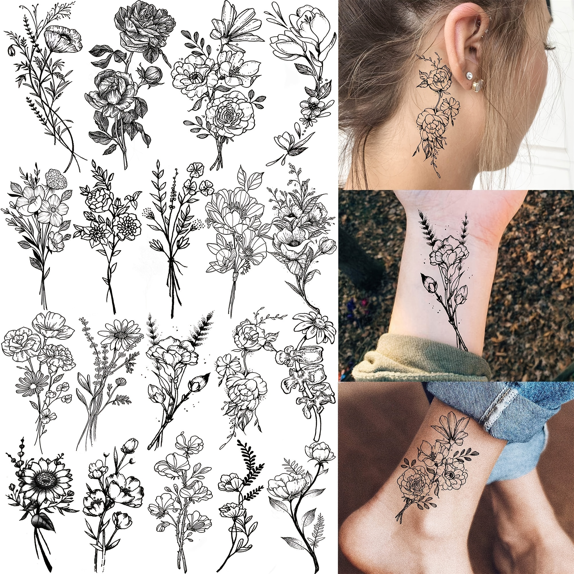 Mini Tatuagens de Flores Temporárias Impermeáveis, Beleza Feminina