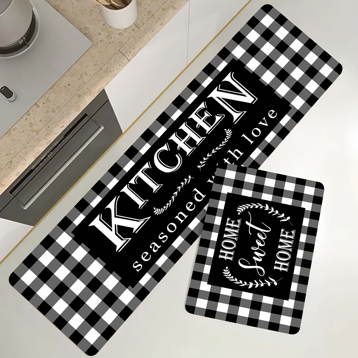 1pc Letter Graphic Kitchen Rug, Black-and-white Polyester Modern Anti-slip Kitchen  Mat, For Home Kitchen Decor