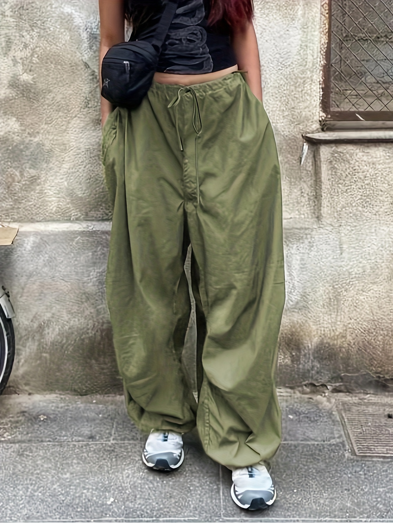 Y2K Solid Cargo Pants, Ruched Baggy Long Length Pants With Pockets, Women's  Clothing