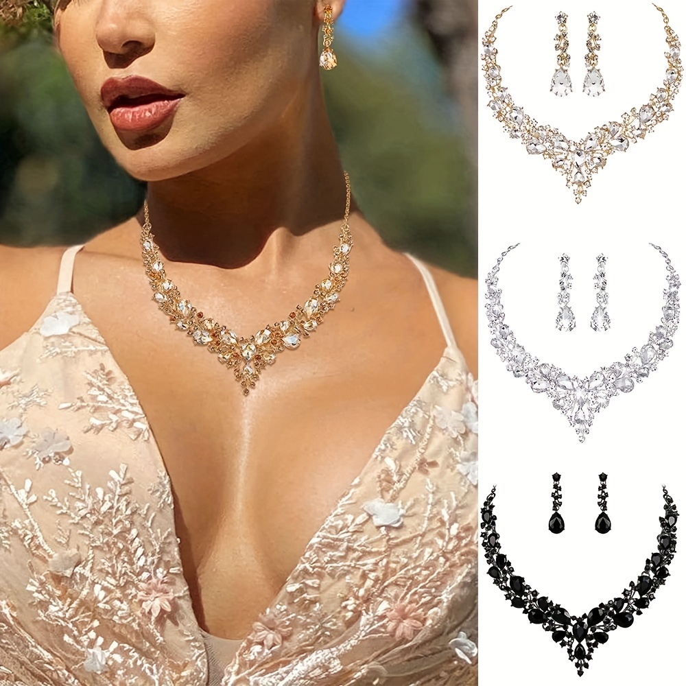 Silver-plate Temperament rhinestone bride necklace earrings two-piece set  High-grade alloy jewelry accessories for woman