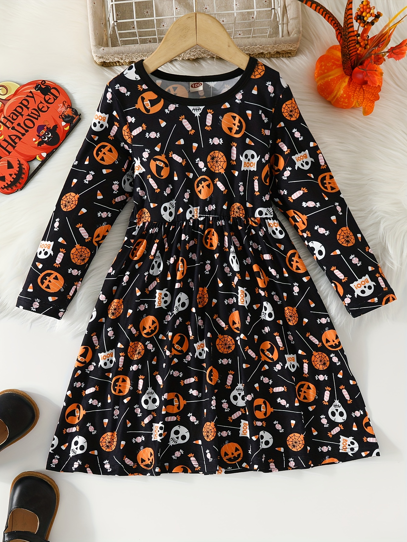 Toddler Girls Pumpkin Skull Ghost Pattern Dress Cute Crew - Temu