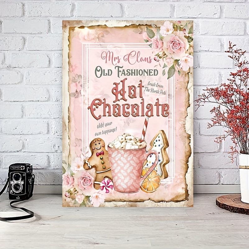 Mrs Claus Hot Chocolate Sign, Pink Christmas Sign - Hot Cocoa Vintage Tin Logo Fun Christmas Metal Tin Logo Decoration Iron Painting Wall Art Suitable For Home Coffee Shop Dessert Shop Vintage Wall Decoration 8x12 Inches