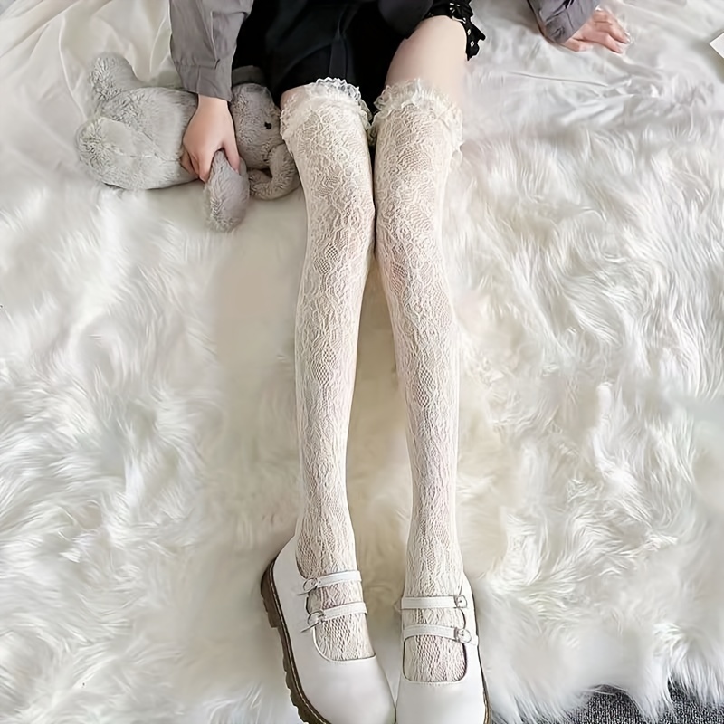 Women Lolita Long Socks Thigh Hosiery Rose Floral Lace Sheer Stocking Sexy  White