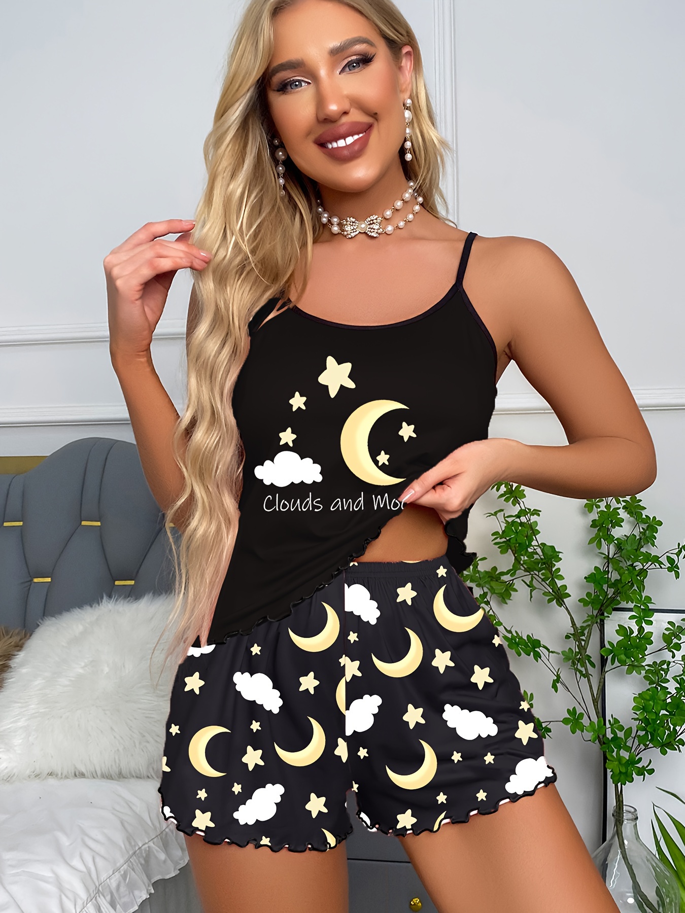 Cute Moon Print Pajamas, Comfy Cami Top & Elastic Waistband Shorts, Women's  Loungewear & Sleepwear