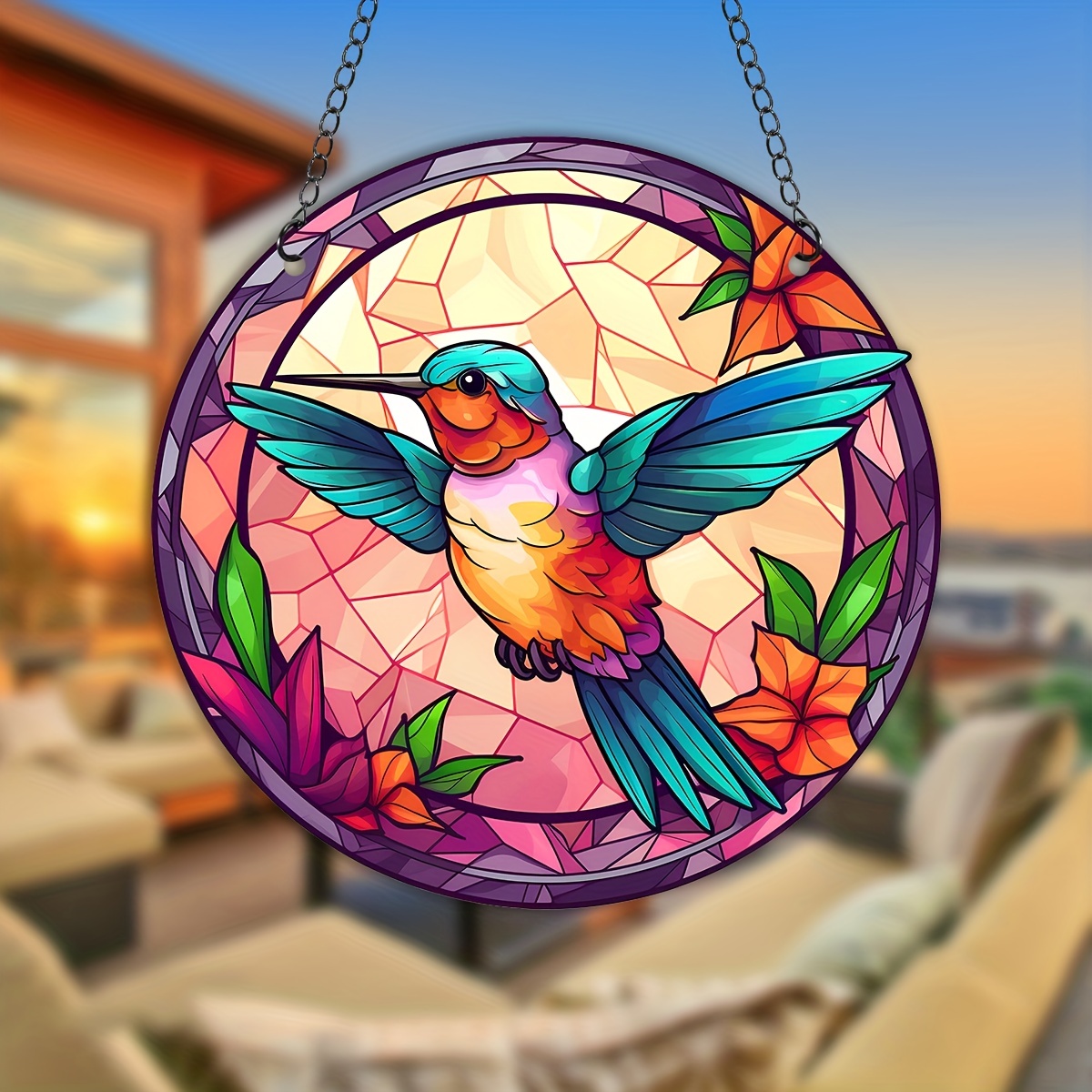 Hummingbird Suncatcher For Window, Hummingbird With Flower Stained Glass Suncatcher  Bird Stained Glass Window Hangings Ornaments