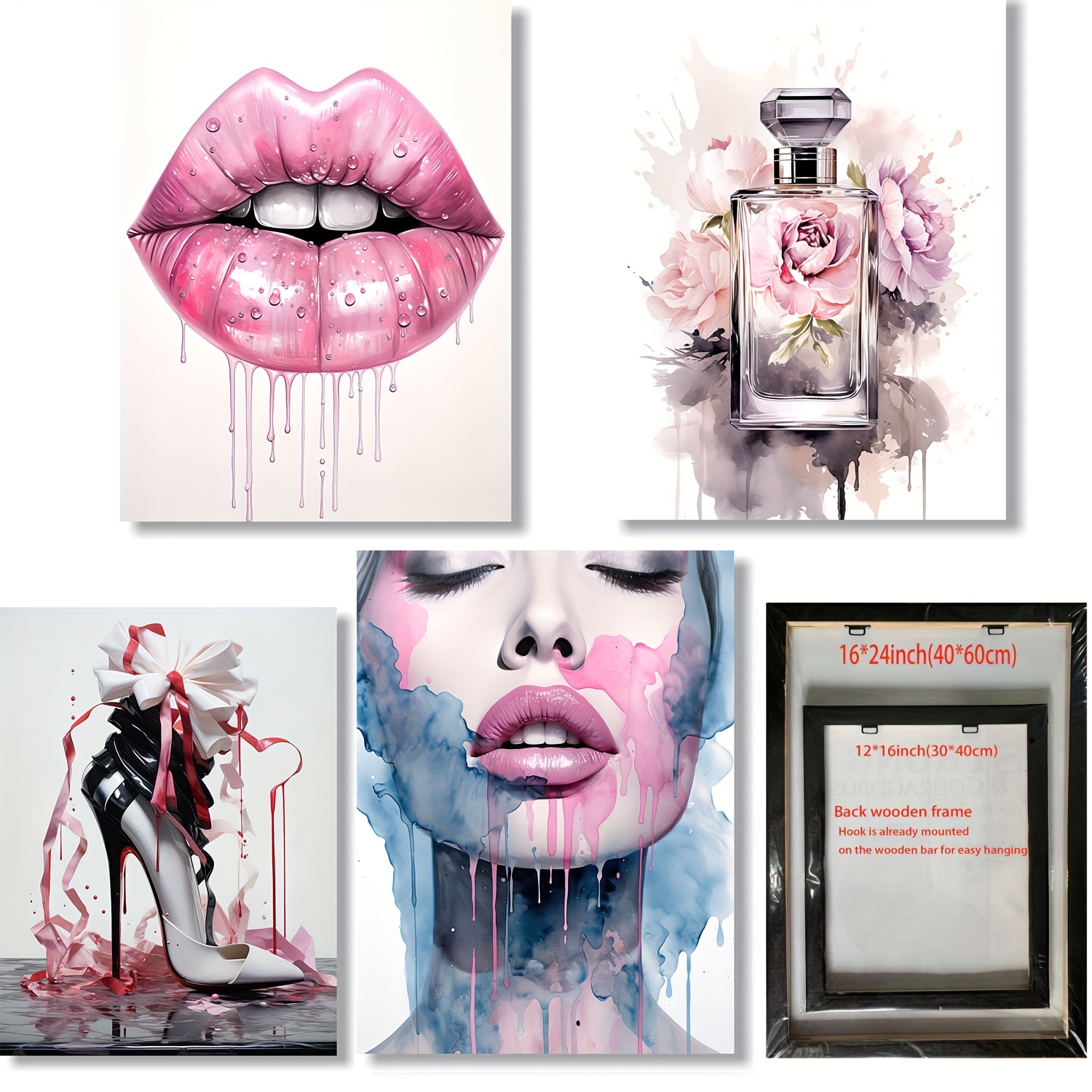 Canvas Print Wall Art Red Lipstick Lips with Purple & Gold Glitter