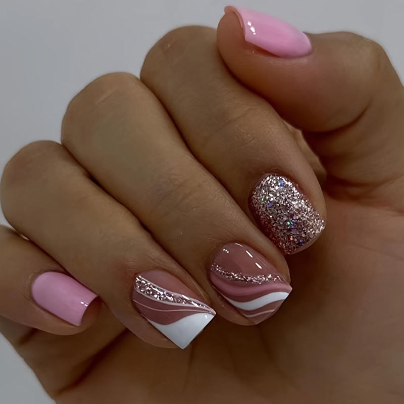 

Ensemble de 24 pointes d'ongles roses à rayures françaises - Faux ongles courts carrés brillants avec des rayures, des blocs de couleur et des accents pailletés pour un look élégant