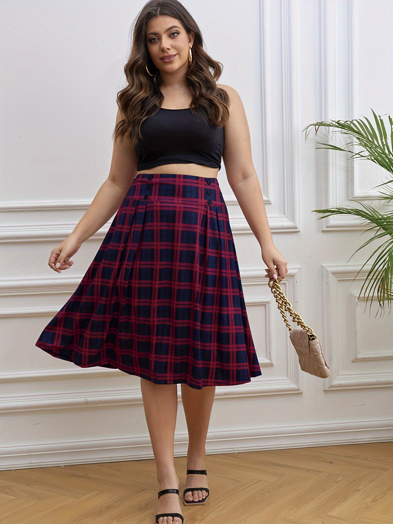 plus size casual skirt womens plus plaid print button decor elastic high rise slight stretch maxi a line skirt