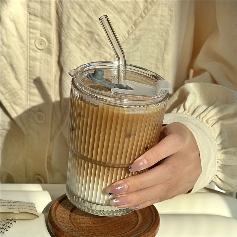 1pc/2pcs, Ribbed Glass Tumbler With Lid And Straw, Origami Style Drinking  Glass, Iced Coffee Cups, Summer Winter Drinkware, Travel Accessories