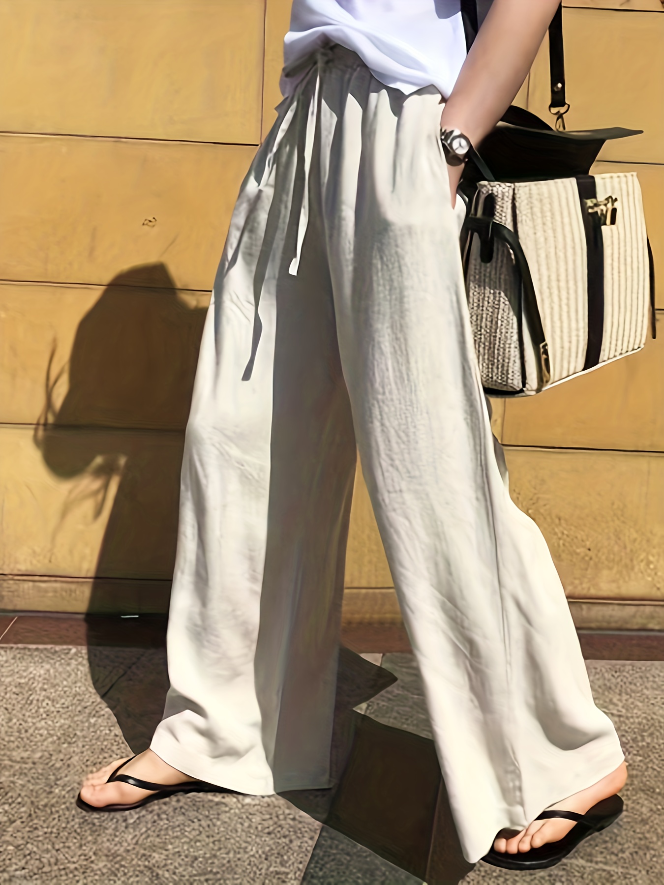 Solid Color Wide Leg Pants Casual Loose Drawstring Pants - Temu