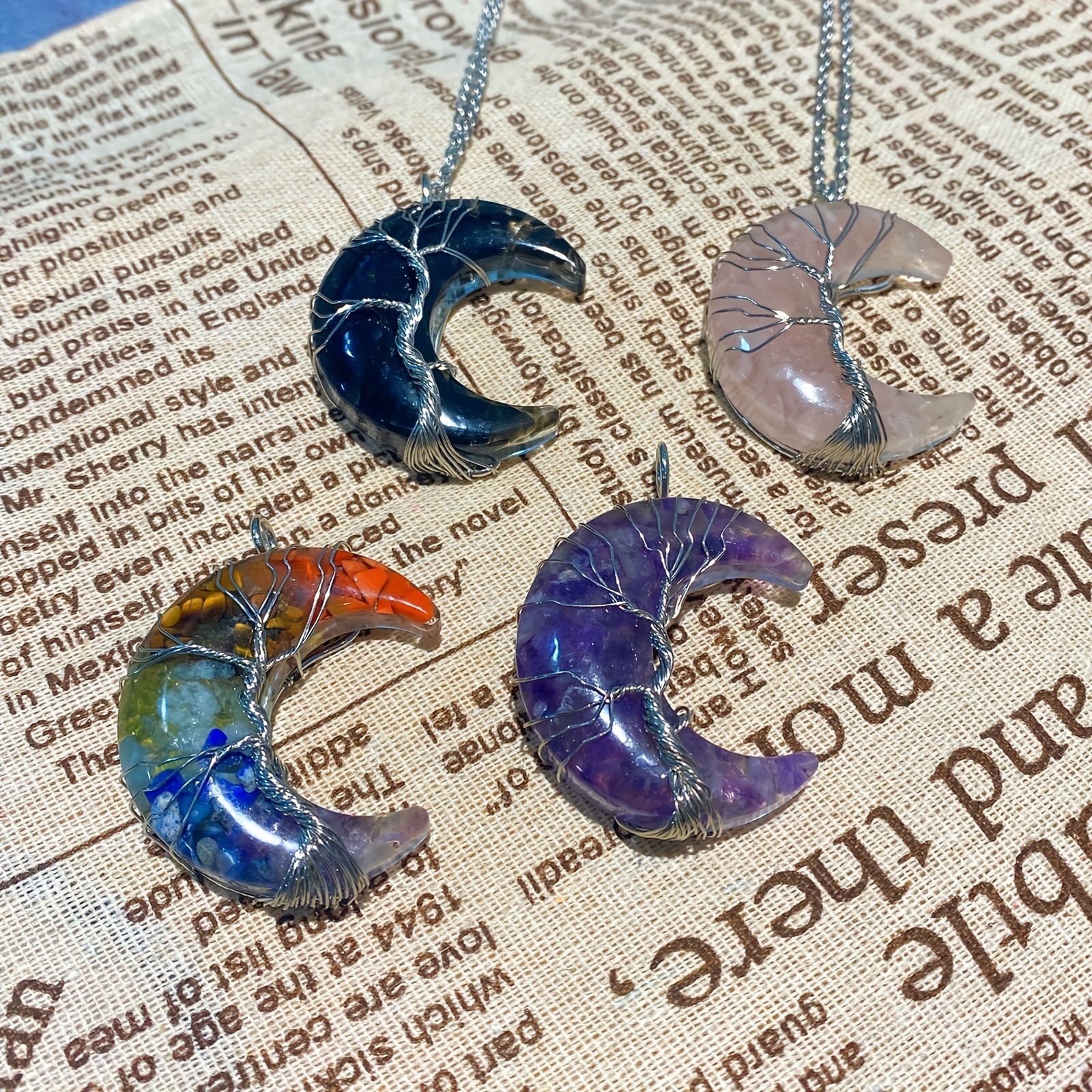 MAIBAOTA 7 Chakra Healing Crystal Necklace Tree Life Wire Wrapped Crescent  Moon Stone Pendant Necklaces Natural Resin Reiki Spiritual Quartz Gemstone  Hippie Boho Jewelry for Women Multicolor-7 Chakra