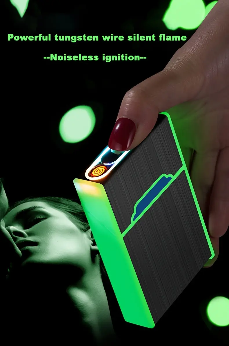 luminous cigarette case with usb lighter portable cigarette box with lighter for 20pcs thin cigarettes gift for christmas holiday details 4