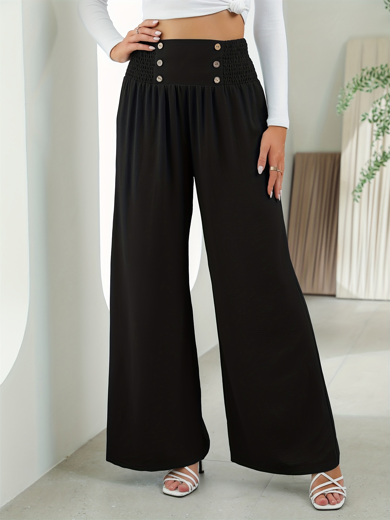 Solid High Waist Pants Elegant Wide Leg Long Length Pants - Temu