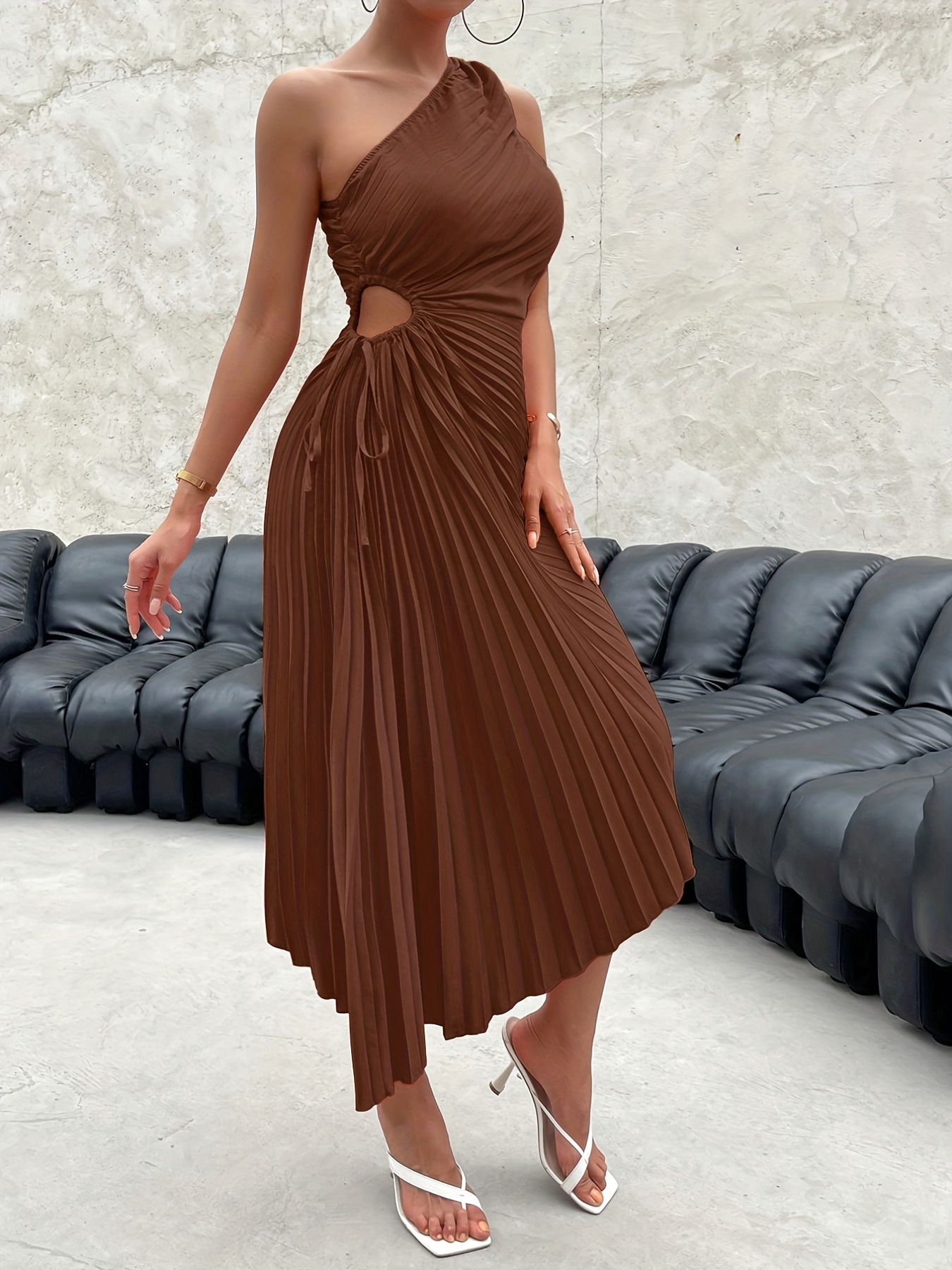 One Shoulder Pleated Dress, Elegant Cut Out Drawstring Sleeveless