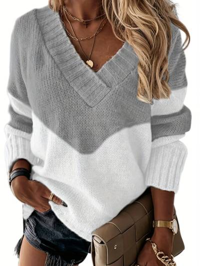 Plus Size Casual Sweater, Pull-over Tricoté À Manches Longues Et Col En V Pour Femmes De Grande Taille, Avec Blocs De Couleurs Et Légèrement Extensible