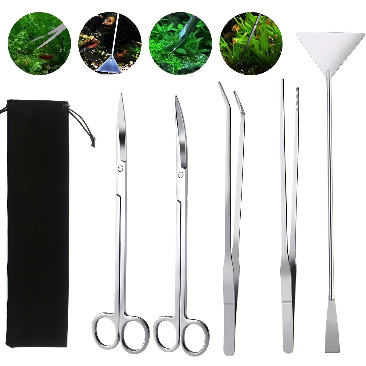 5-Piece Aquarium Tool Kit - Stainless Steel Tweezers, Scissors, & Spatula  for Cleaning Fish Tanks & Aquatic Plants