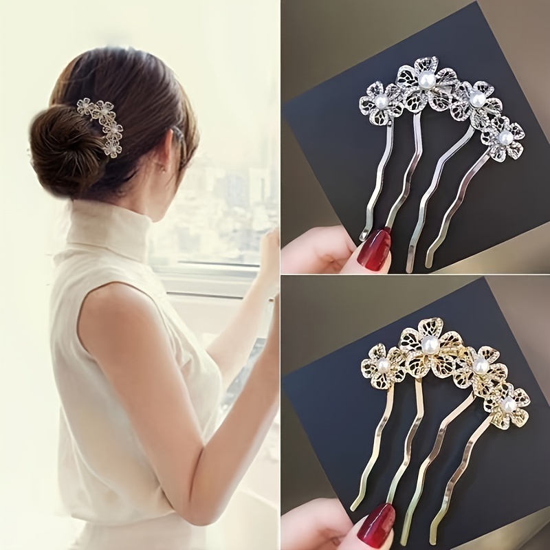 

1pc Vintage Alloy Flower U-shaped Hairpin With Faux Pearls Decor, Vintage Headwear, Elegant Hair Accessories