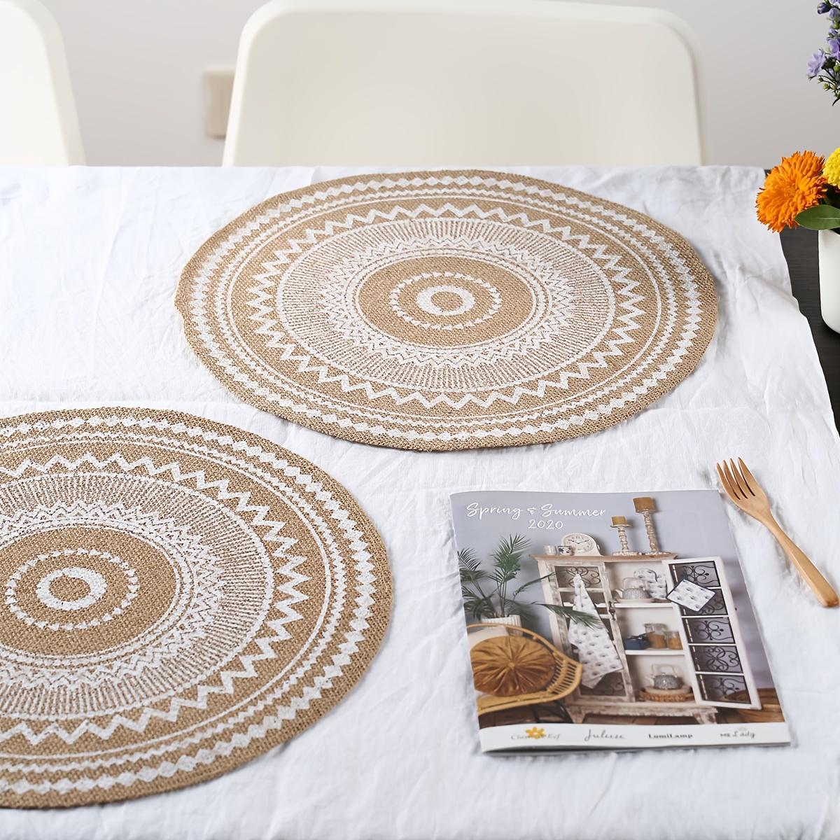 Set of 12 Round Placemats and Coasters, Elegant Braided Woven