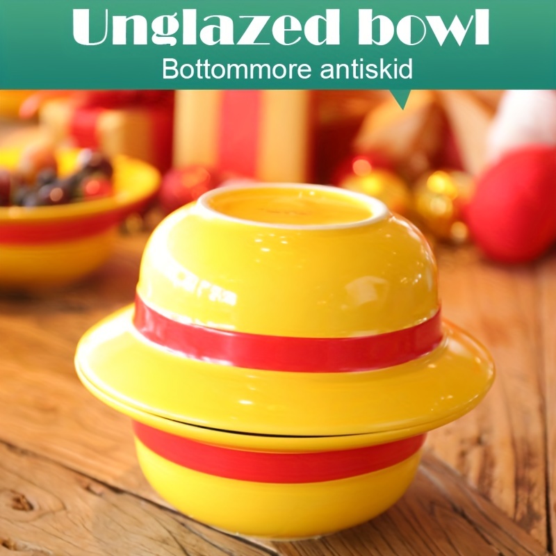 shiningsoul 3 PCS ONEPIECE Luffy Straw Hat Bowl Set (Straw Hat Ceramic Bowl  + Carve ONEPIECE Wooden spoon & Chopsticks) Dishwasher & Microwave Safe 