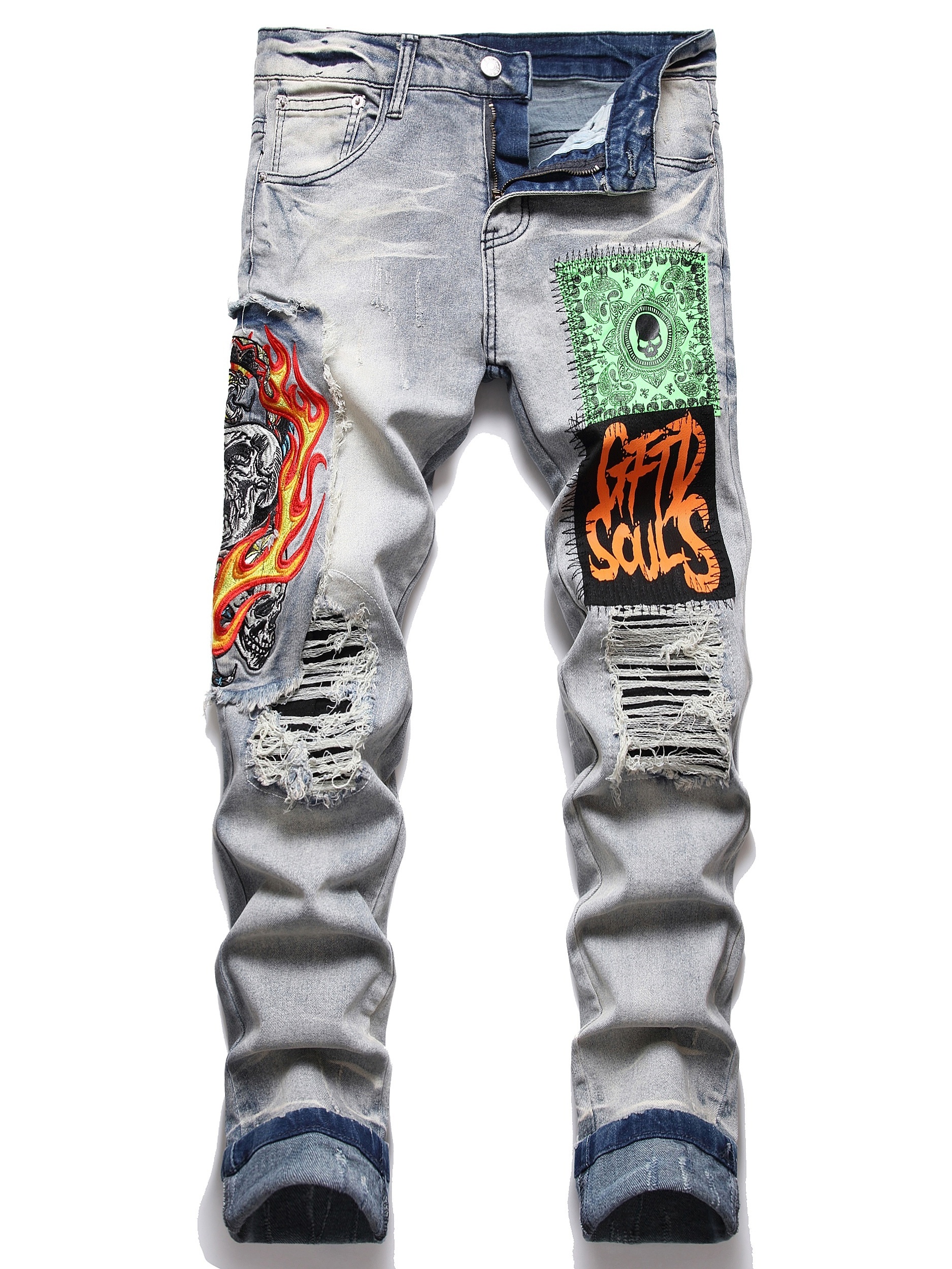Washed Ripped Print Casual Jeans, Men's Slight Stretch Stylish Patched Embroidered Graffiti Print Ripped Jeans,Temu