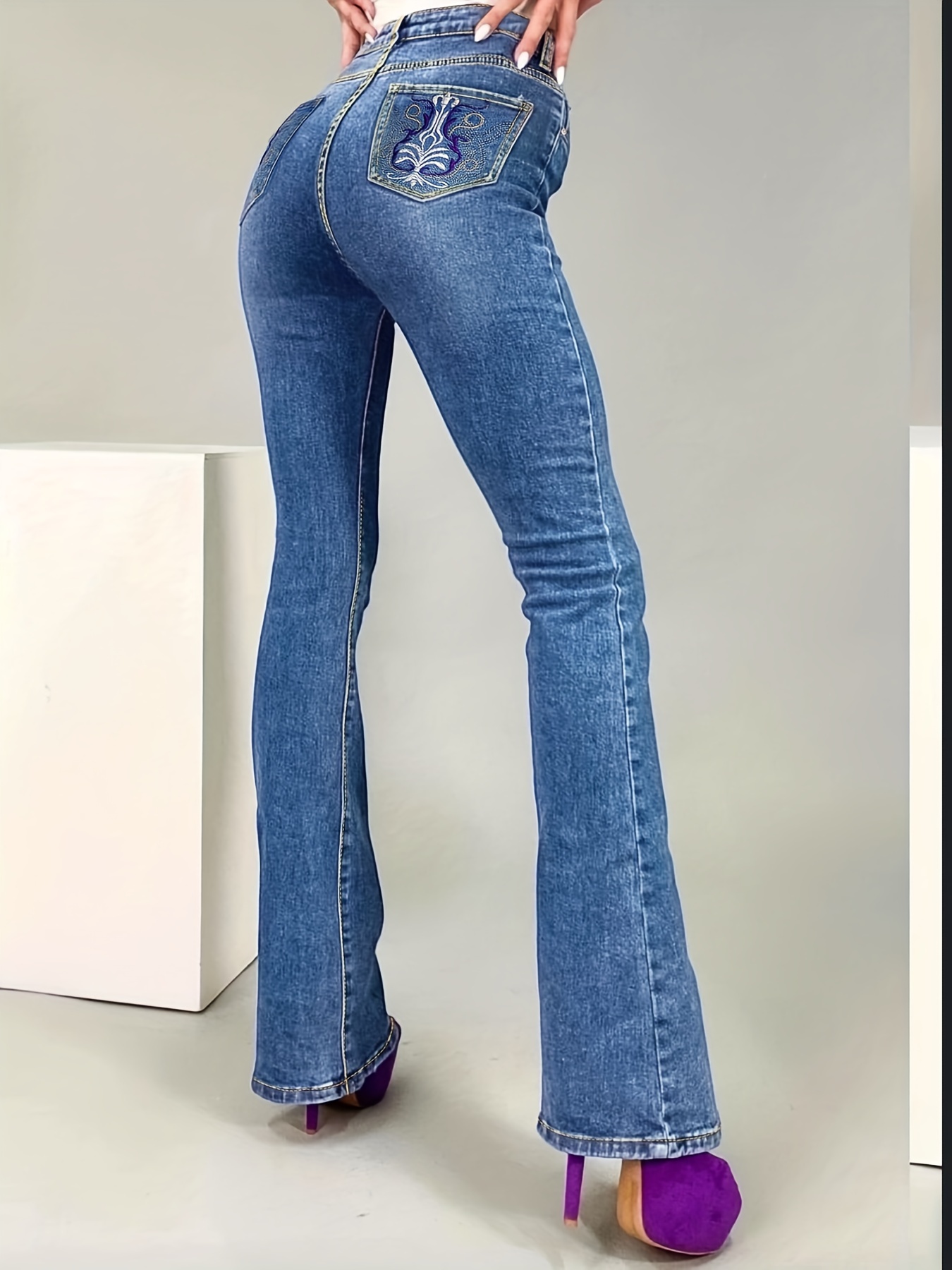 Slim Fit High Waist Button Fly Flare Jeans Casual Stretch - Temu