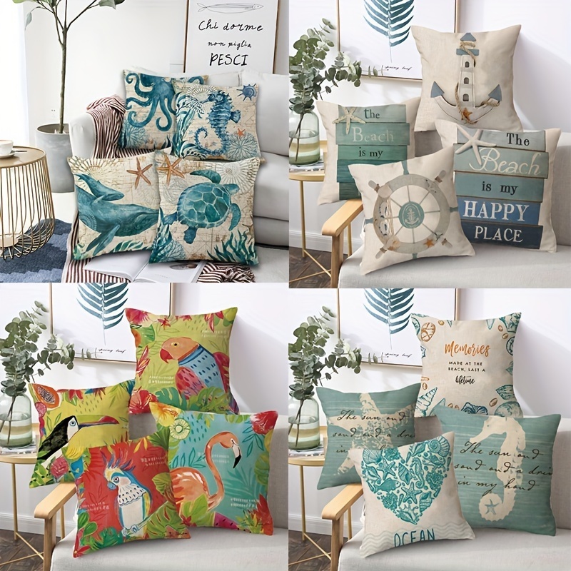 Marine Life Cushion Covers Vintage Polyester Linen Starfish Shell Octopus  Conch Pillowcase Sofa Without Pillow Inserts - Temu
