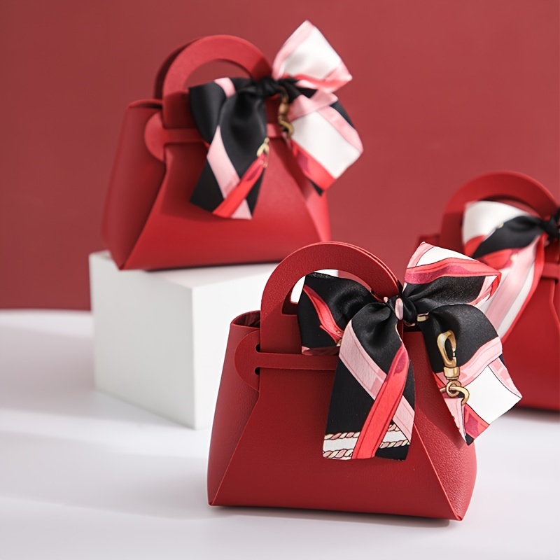 5pcs Leather Gift Bags Bow Ribbon Packaging Bag Wedding Favour  Distributions Bags Candy Packaging Box Mini Handbag