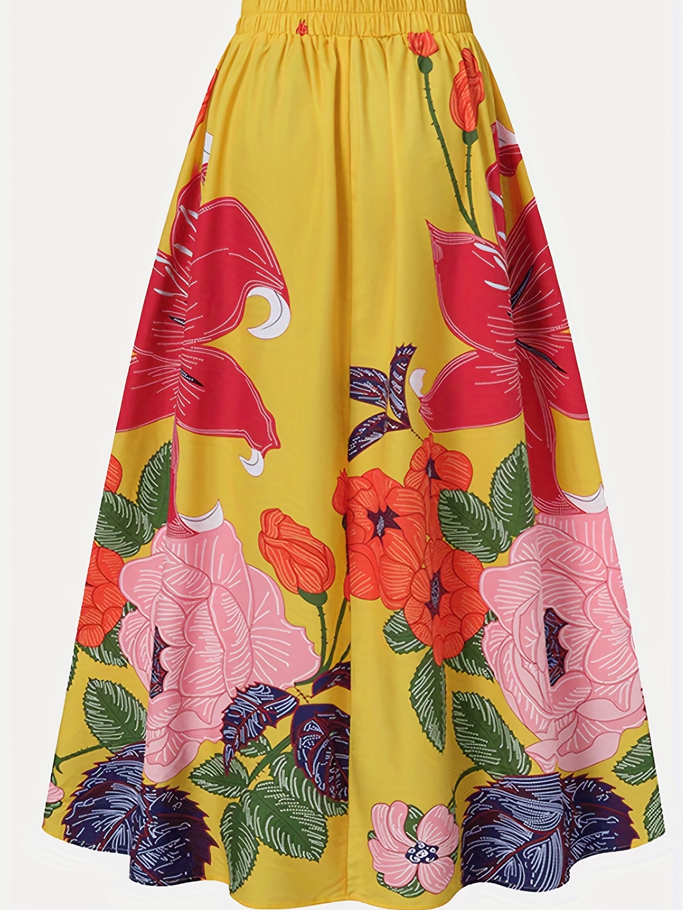 Plus Size Casual Skirt, Women's Plus Floral Print High * Slight Stretch Maxi A-line Dress