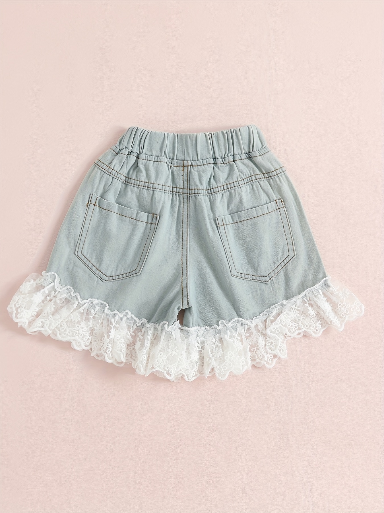 Girls Embroidery Scallop Trim Ruffle Hem Denim Shorts Summer Clothes