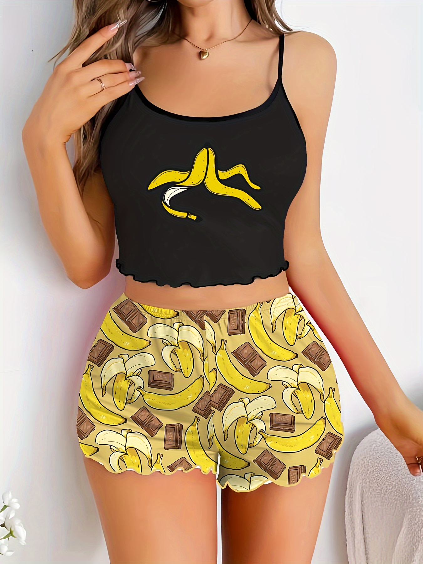 Casual Banana Print Lettuce Trim Pajama Set, Crew Neck Crop Cami Top & Elastic Shorts, Women's Sleepwear & Loungewear