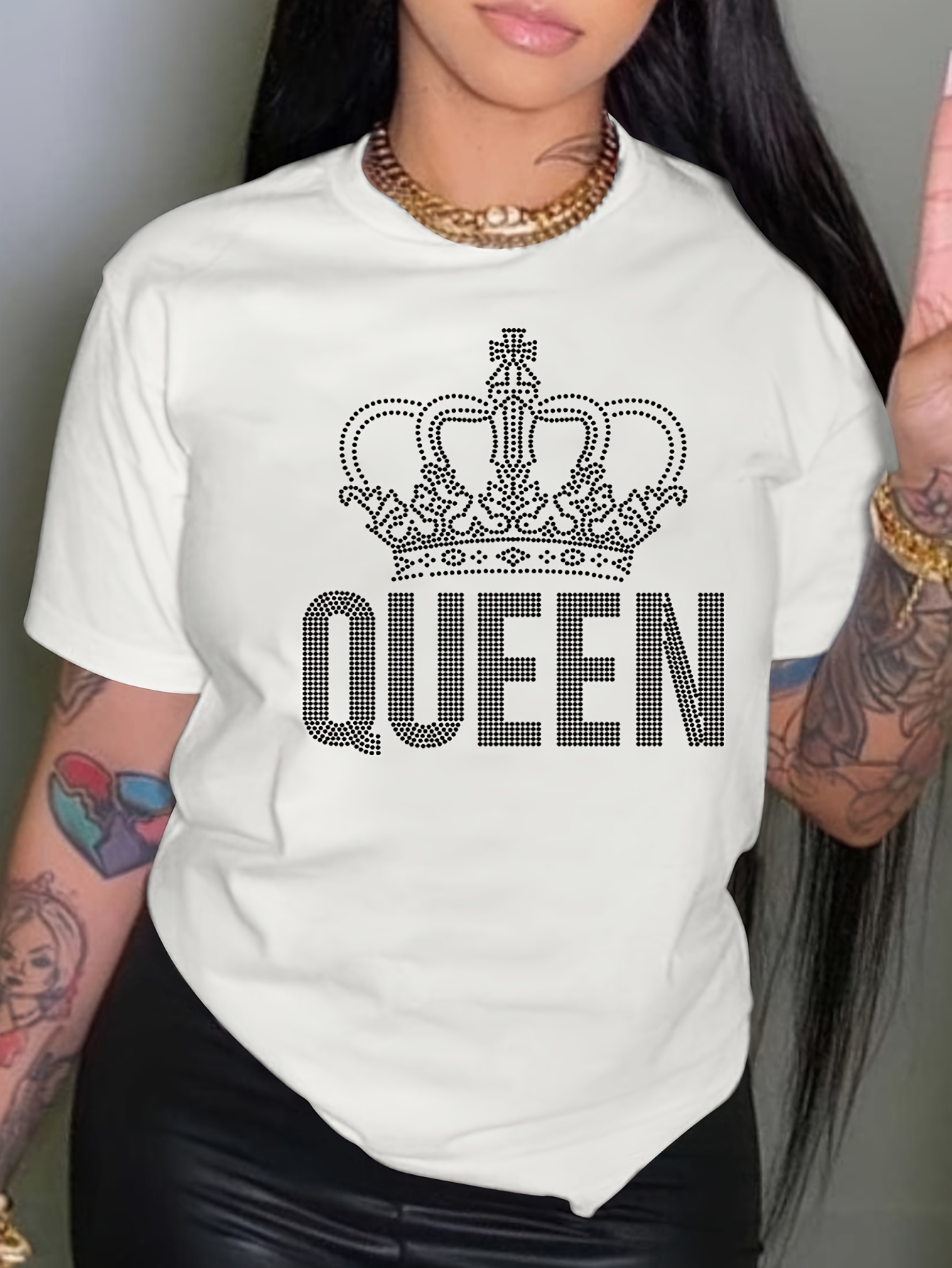 Queen Letter Print Crew Neck Short Sleeve T shirt Workout - Temu Canada